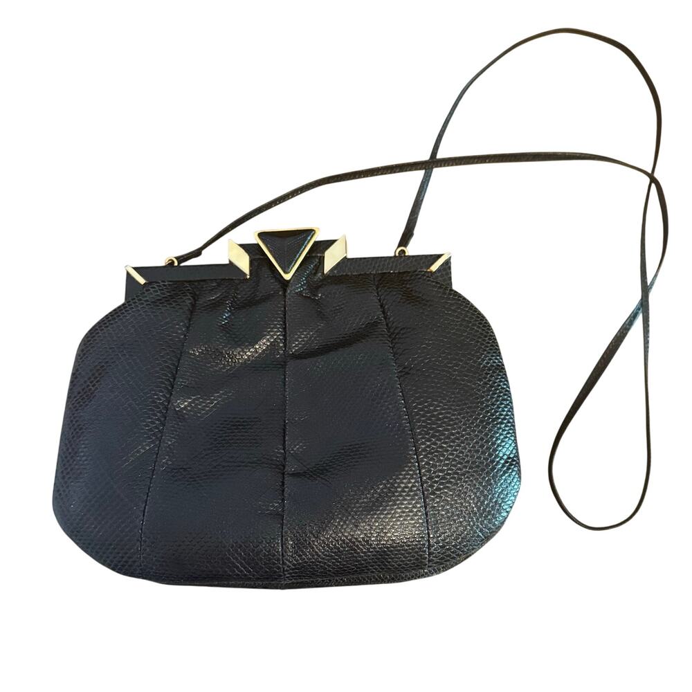 Vtg Sharif Art Deco Clasp Closure Black Leather Python Embossed Frame Purse